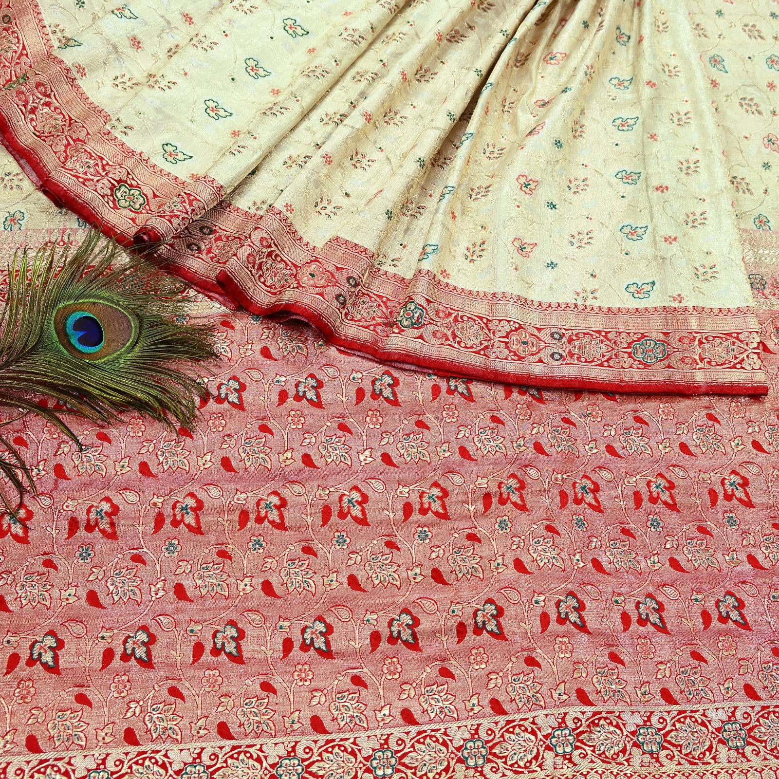 Indian Antique Vintage Heavy Sari Red & White Pure Satin Silk Hand Woven Saree