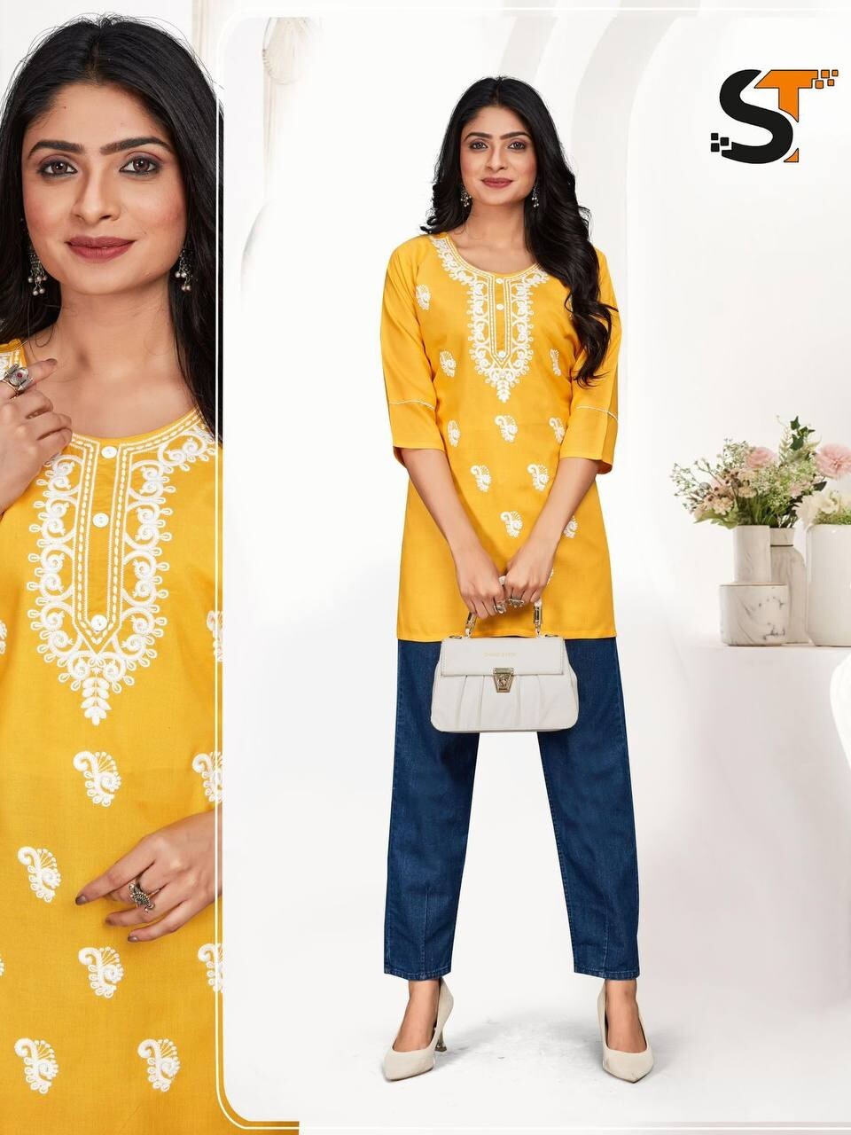 INDIAN WOMEN MULTI COLOR REYON EMBROIDERY WORK KURTA KURTI TOP TUNIC DRESS