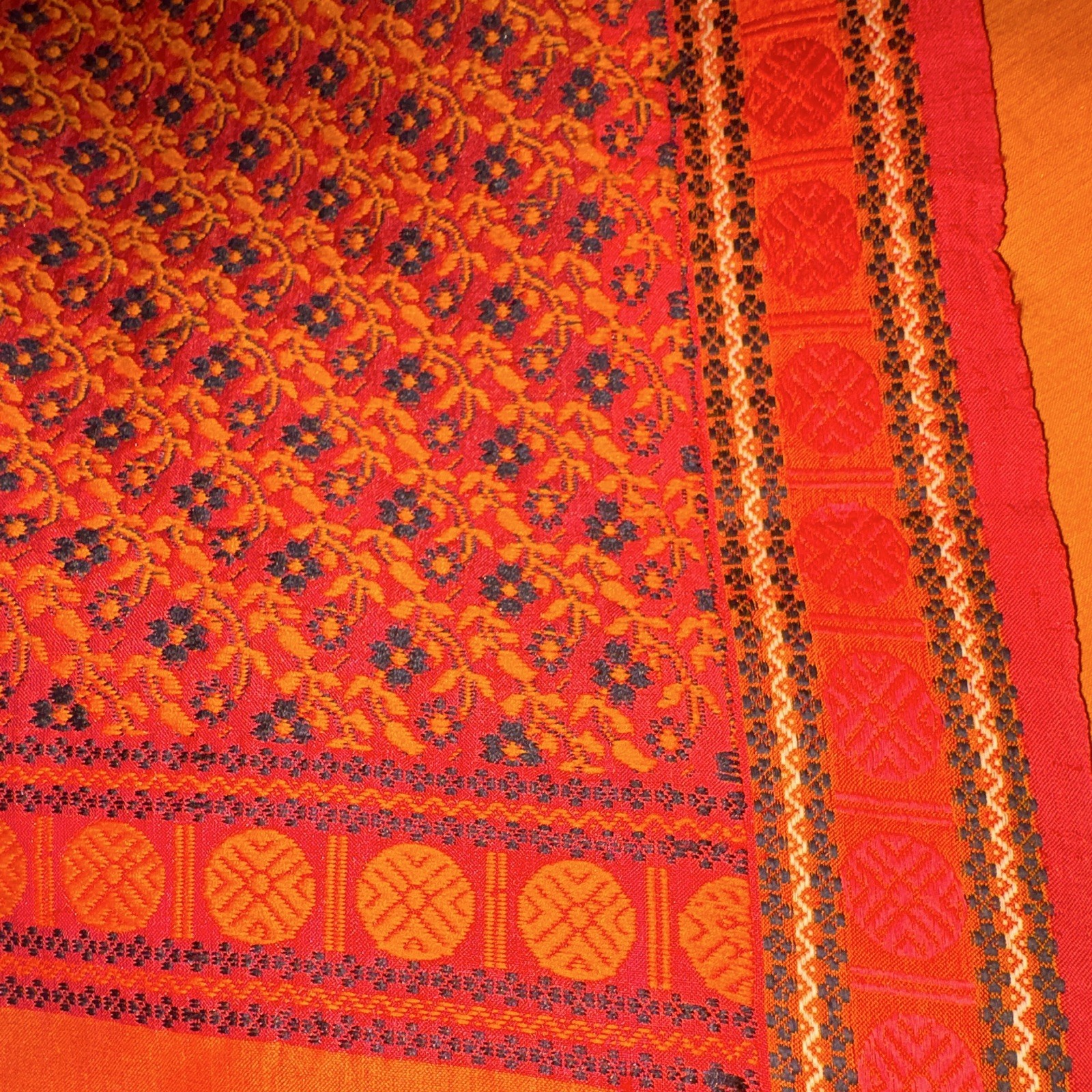 Womens Orange Red Black Gold Woven Synthetic Saree with Patterned Border