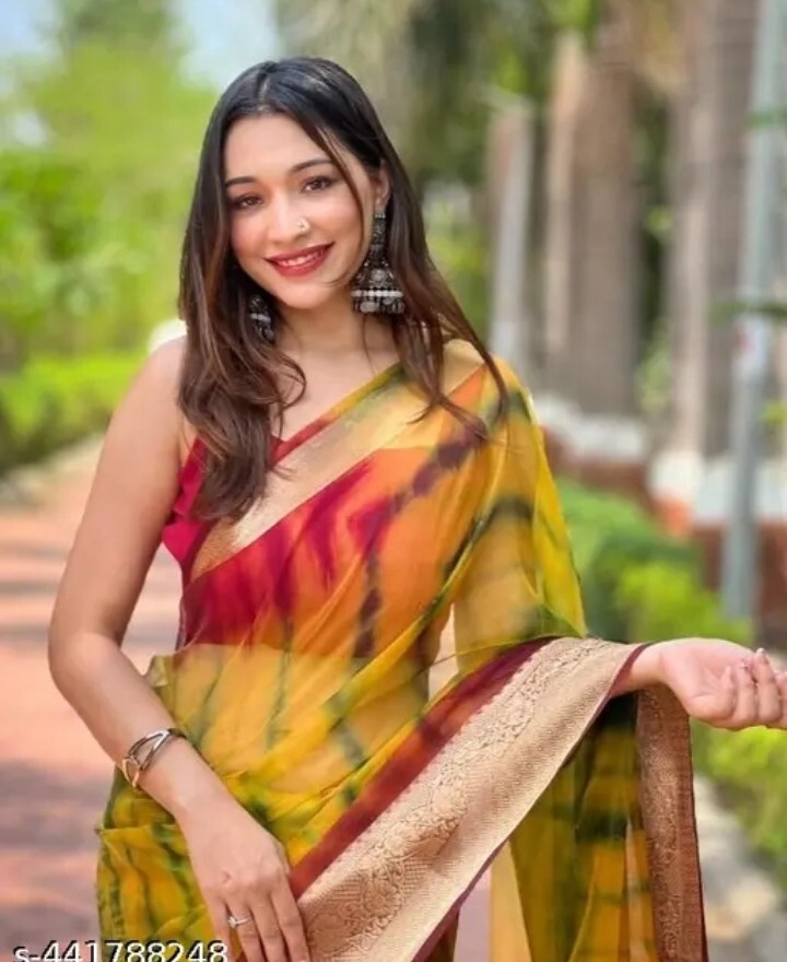 Designer Indian Organza Multicolor Saree With Unstitched Blouse Piece For Women