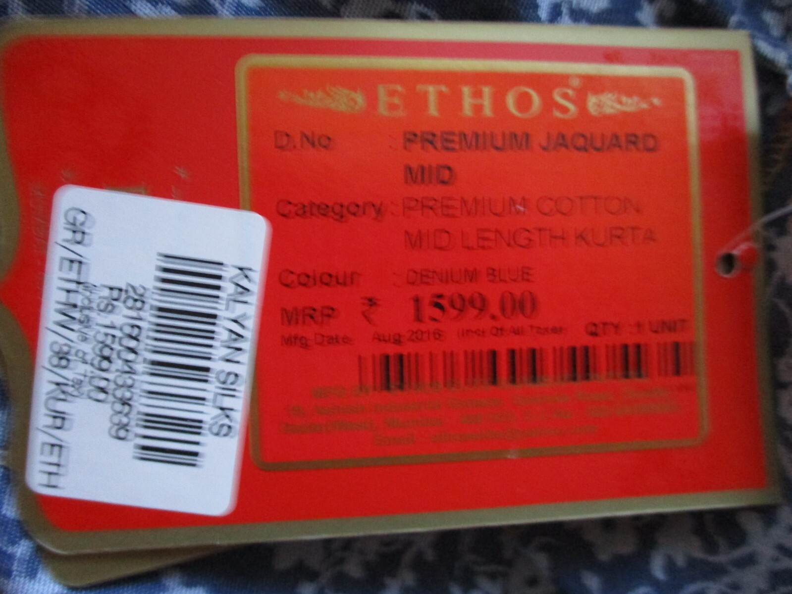 Ethos Mid Length Kurta Size 38 NWT Blue Jaquard 100% Cotton