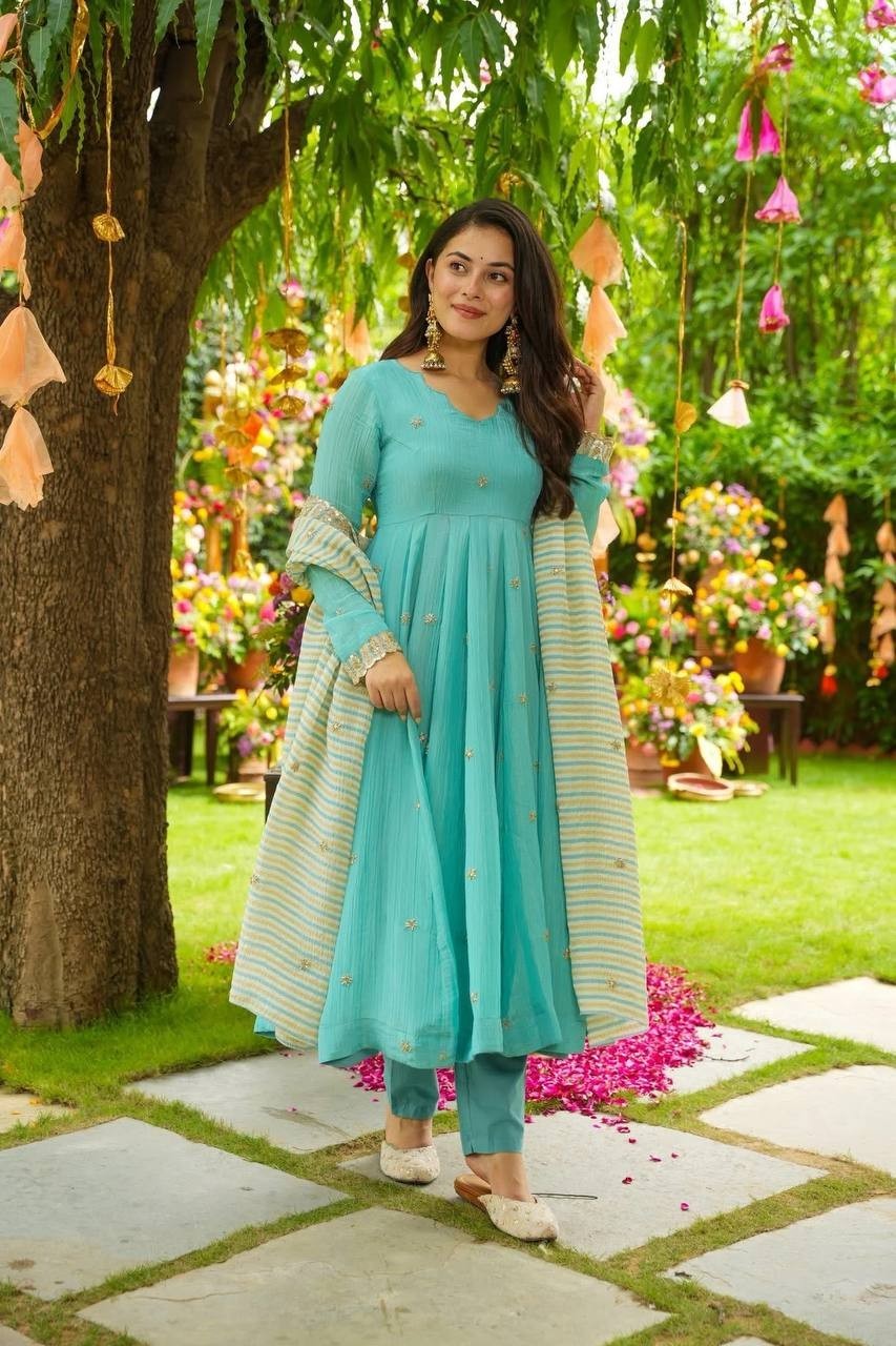 Embroidered Digital Printed Sea Green Faux Georgette Top & Micro Cotton Pant Set