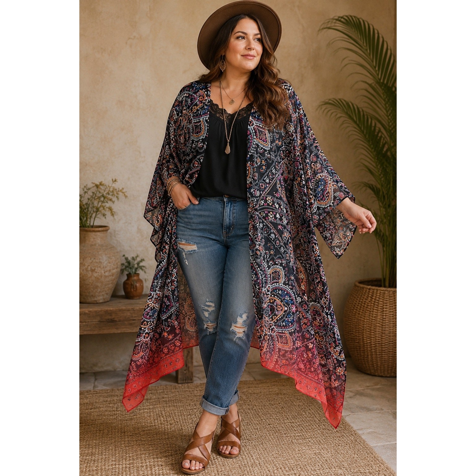 Cato Sheer Paisley Print Kimono Duster Boho 22/24 2X/3X Dark Floral