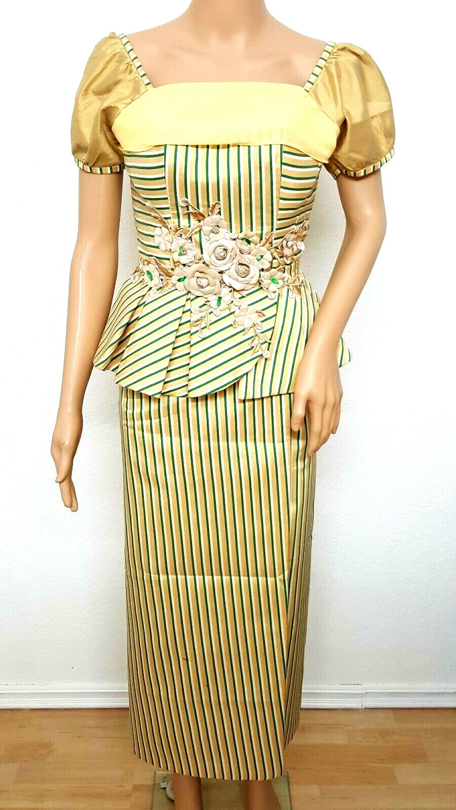 Cambodia Khmer Traditional Out fit Women Size M Striped Formal Seing Thai Silk
