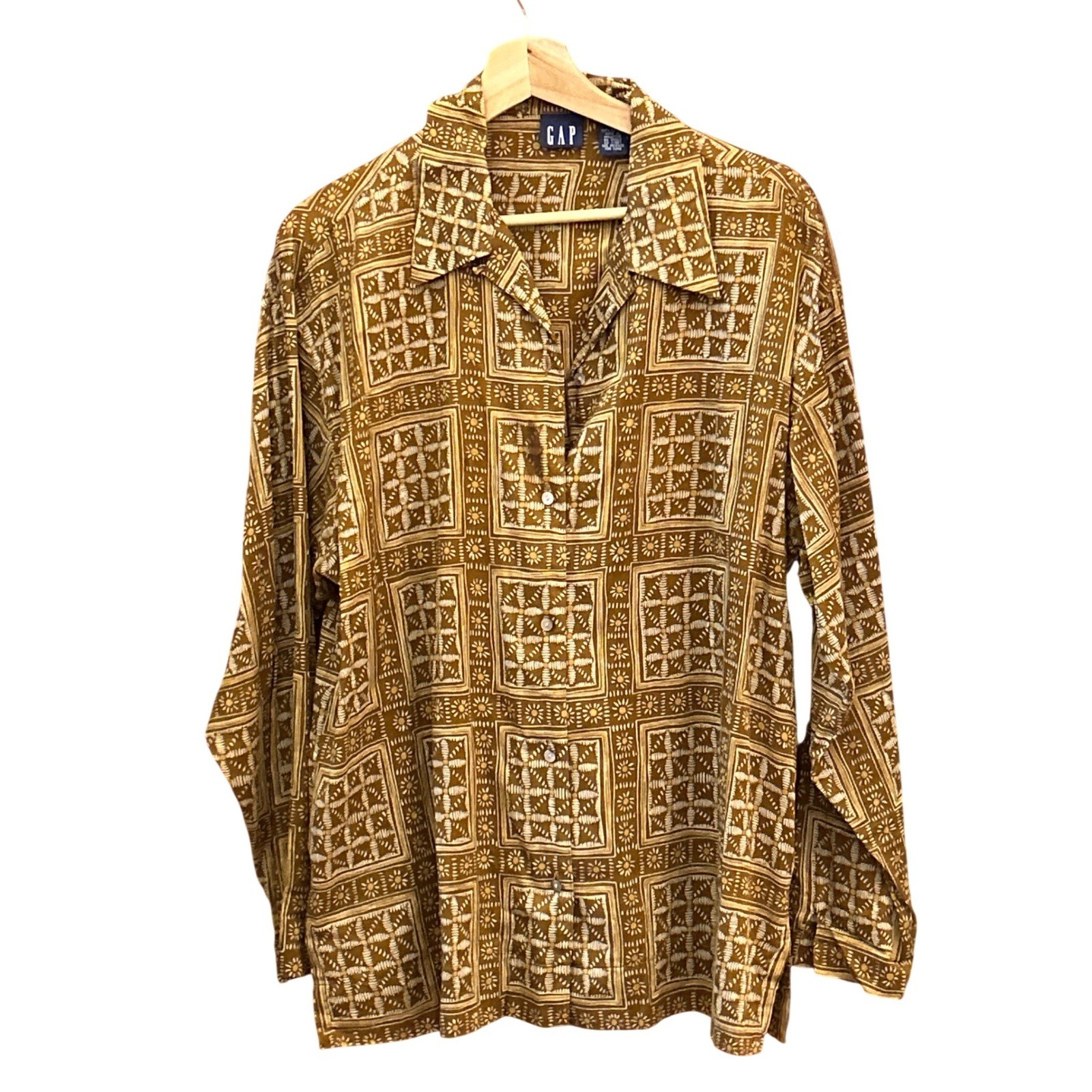 Vintage 90s GAP Women’s Brown Geometric Sheer Print Shirt Button Up Grunge Retro