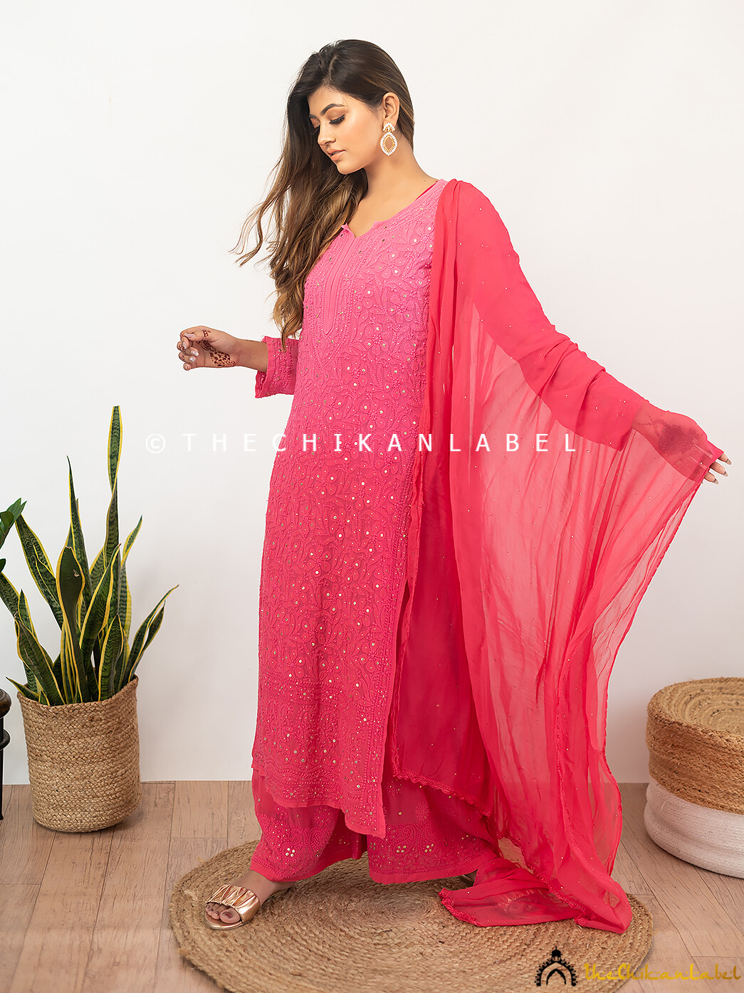 Candy Pink Sitara Viscose Hand Embroidry Chikankari Kurta Set Lucknow Chikankari