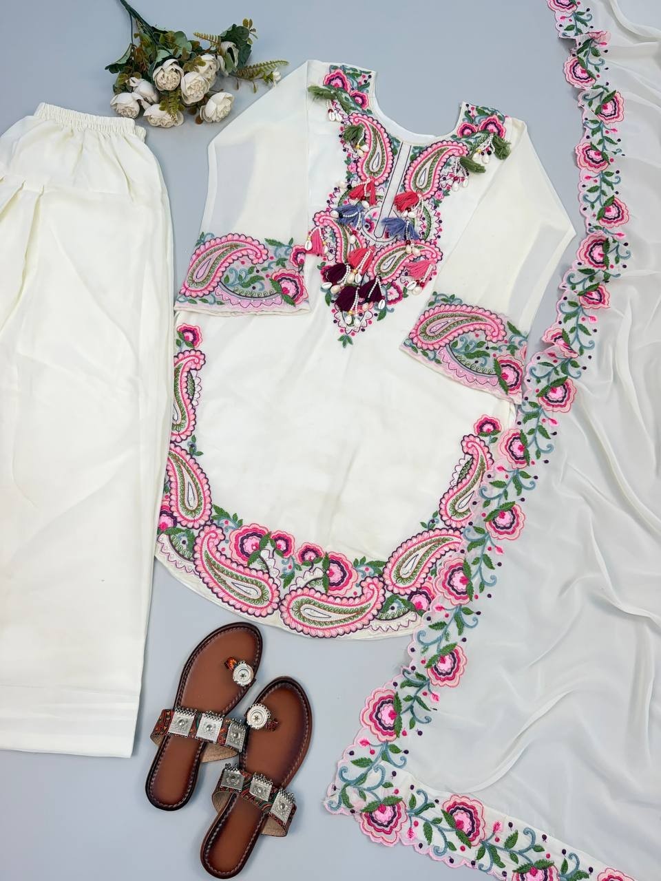 Presenting Heavy Georgette Off White Top Bottom With Dupatta For Function Wear