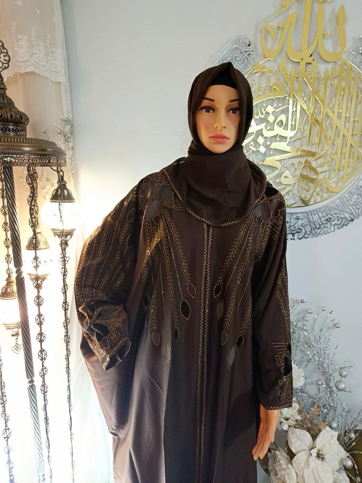Handmade Embroidered Brown golden farasha style Dubai abaya Women’s 56sizes