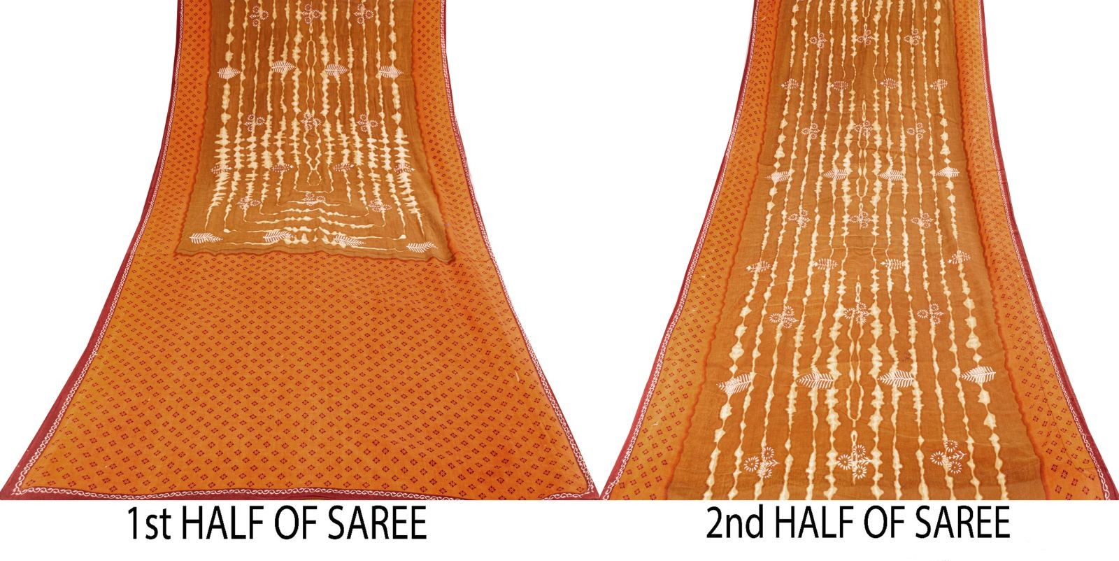 Sanskriti Vintage Saree Orange Pure Cotton Hand Block Print-Batik Work 5+Yd Sari