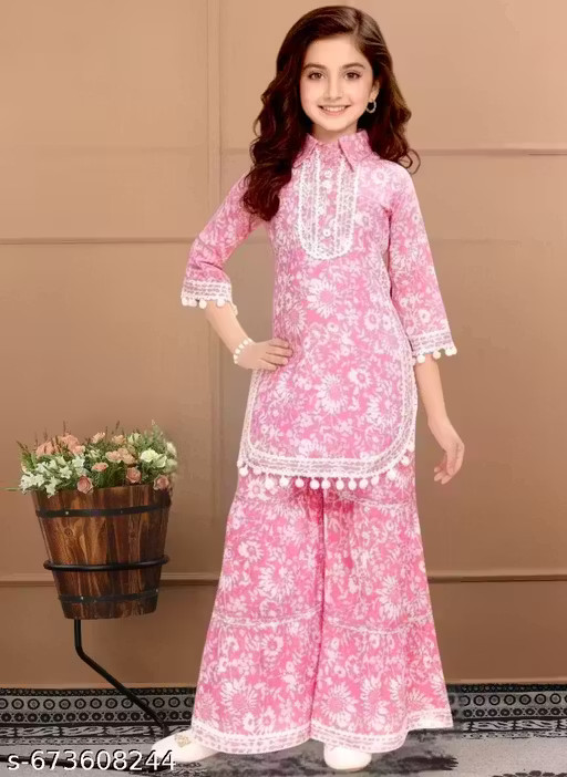 Girls Kurti & Sharara With Dupatta Set Kids Wear Ethnic pink Colour Dress
