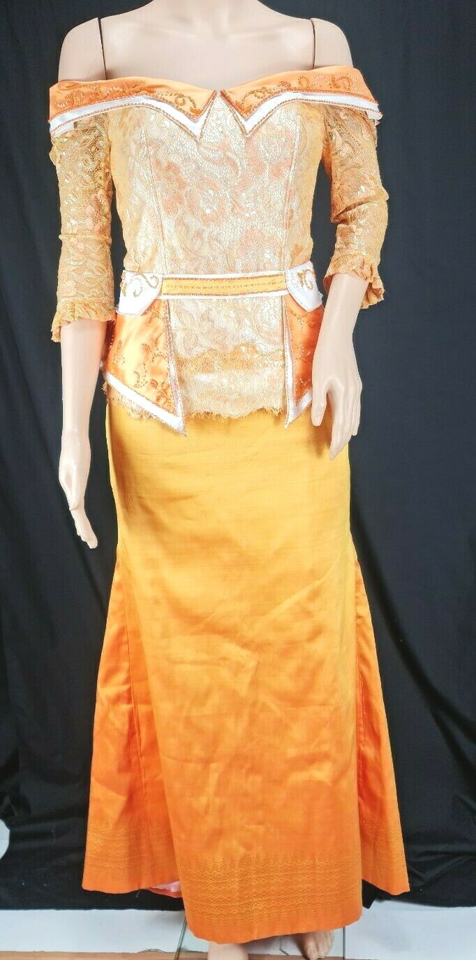 Cambodia Khmer Traditional Out fit Women Size M Gold Lace Pamong Mermaid Skirt