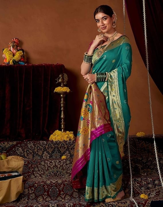 Women’s Paithani Soft Silk Jacquard Soft Silk Saree With Unstitched Blouse Piece