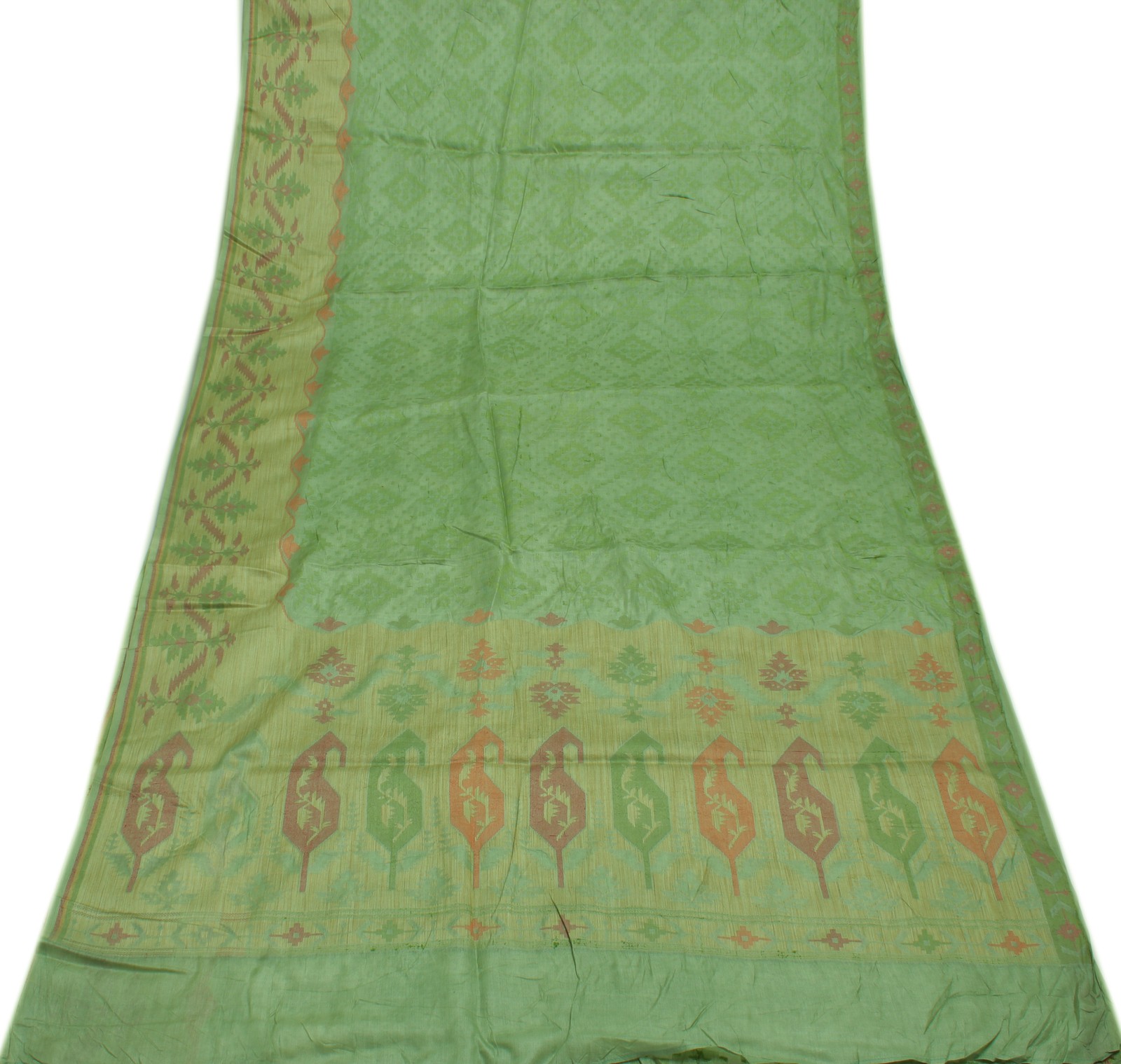 Sushila Vintage Green Saree Pure Tussar Silk Woven Abstract Sari 5 Yard Craft Fa