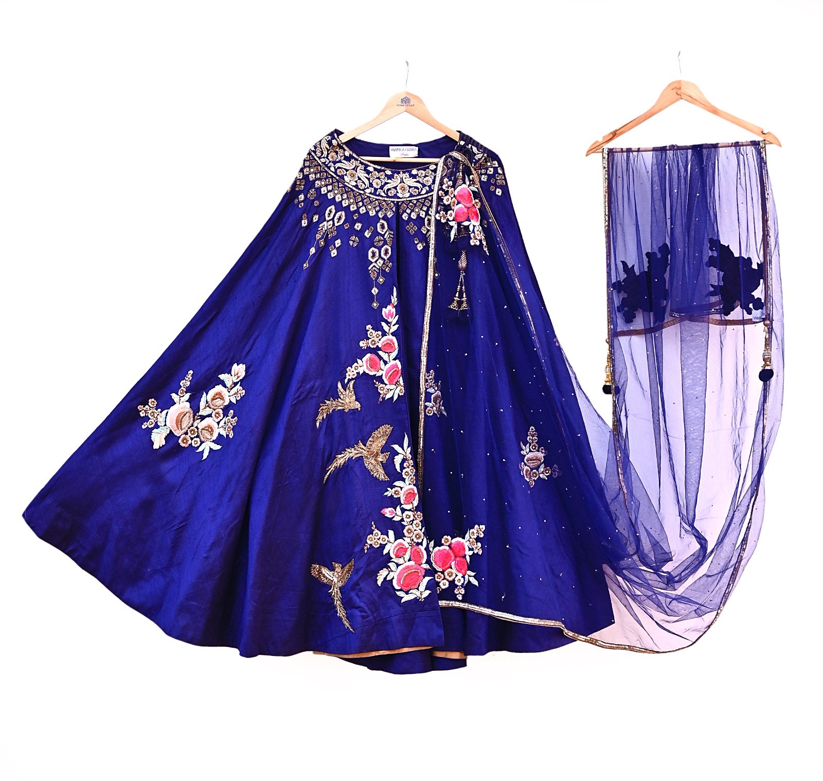Deep Blue Raw Silk Heavy Hand Embroidered Anamika Khanna Bridal Lehenga 2pcs Set