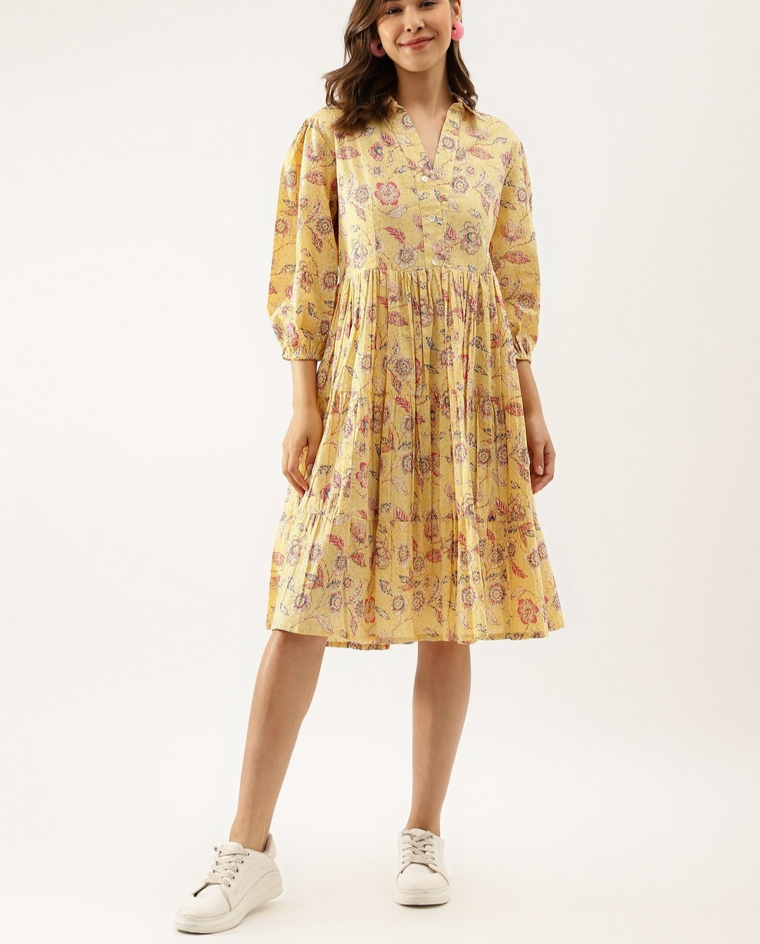 Yellow Floral Printed Cotton Dress for Women Plus Size & Regular | Flowy Boho