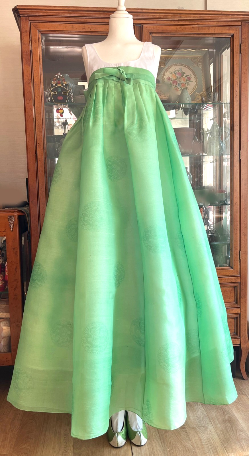 Korean Traditional Dress Silk Hanbok -Ivory & Apple green/ Petticoat & Norigae