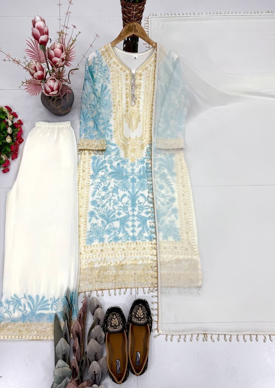 Attractive White Diamond Georgette Kurta Palazzo With Dupatta For Party Wear