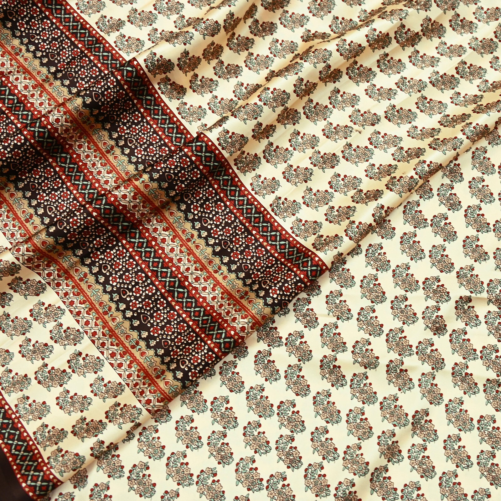 Indian Vintage Saree Beige Satin Printed Sari 5yd Sewing Floral Soft Craft Fabri