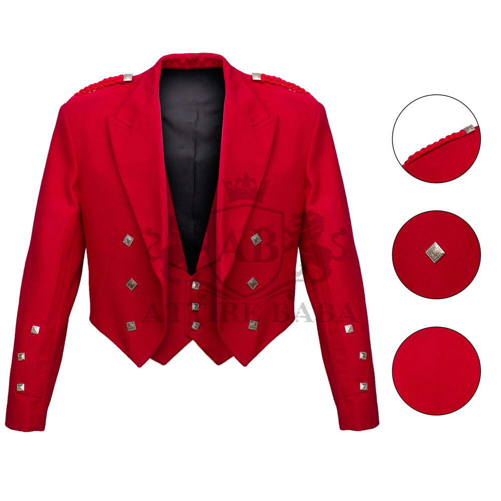 100% Blazer Wool Red Prince Charlie Jacket With Vest Scottish Weding Kilt Jacket
