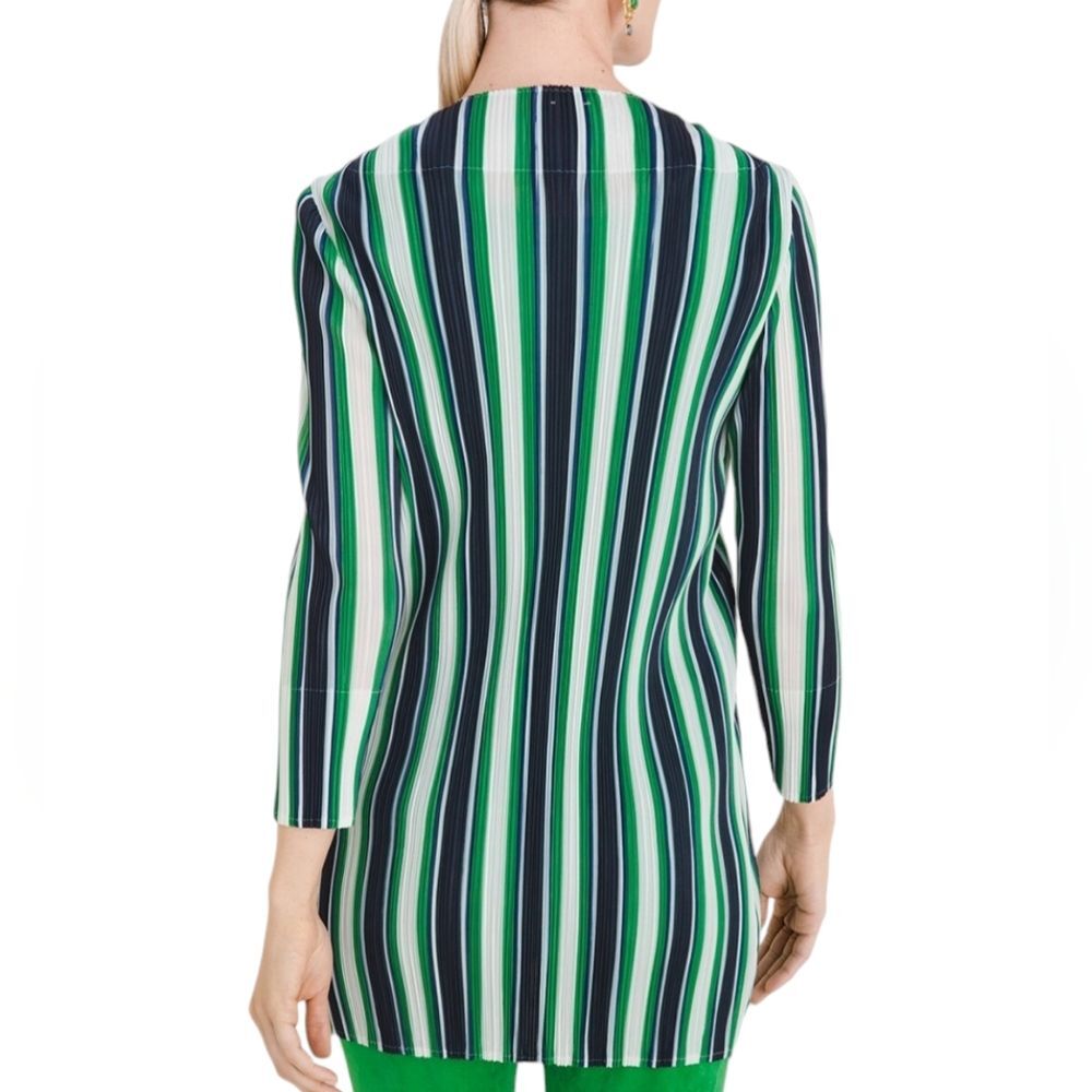Chico’s Travelers Women’s Green Blue White Stripe Open Front Jacket Size 1 M