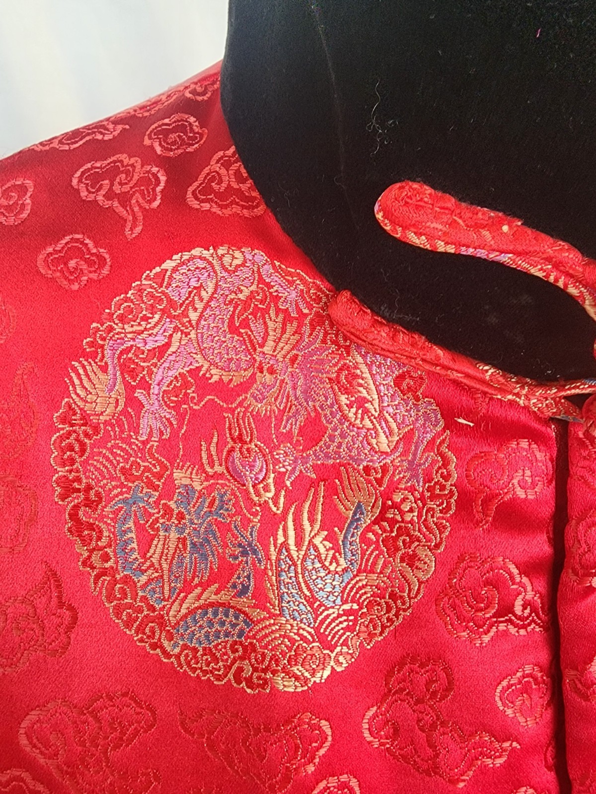Vintage Chinese Red Brocode Tang Jacket Mandrian Collar Frog Closure Velvet Cuff