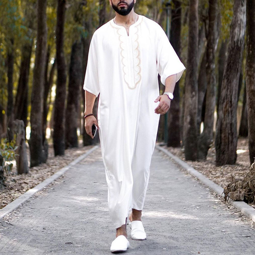 Men’s Middle Eastern Clothes Long Sleeve Muslim Islamic Round Neck Flax Kaftan