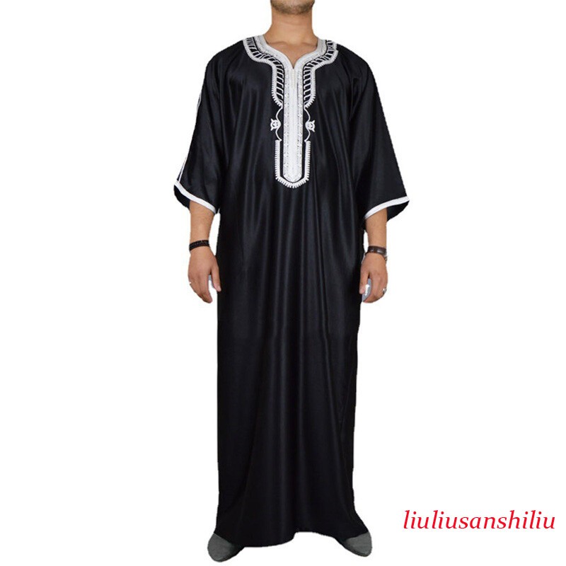 Muslim Men’s Black Robe Short Sleeves Embroidered Arabic Ethnic Style Clothes 1x
