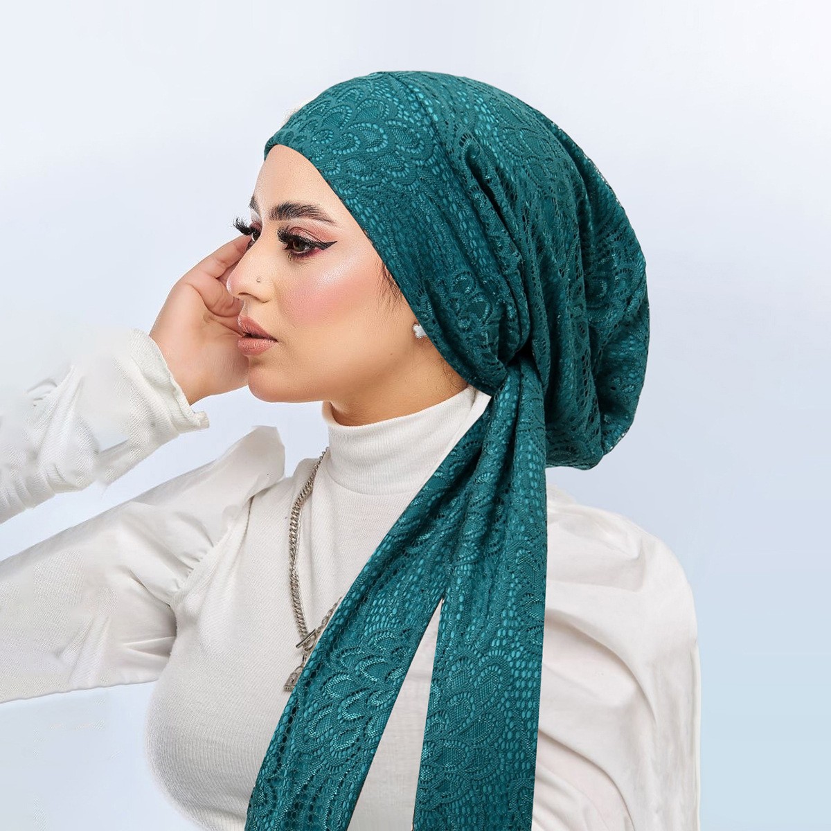Solid Color Lace Women Turban Cap Elegant Muslim Fashion Strap Hollow Out Scarf