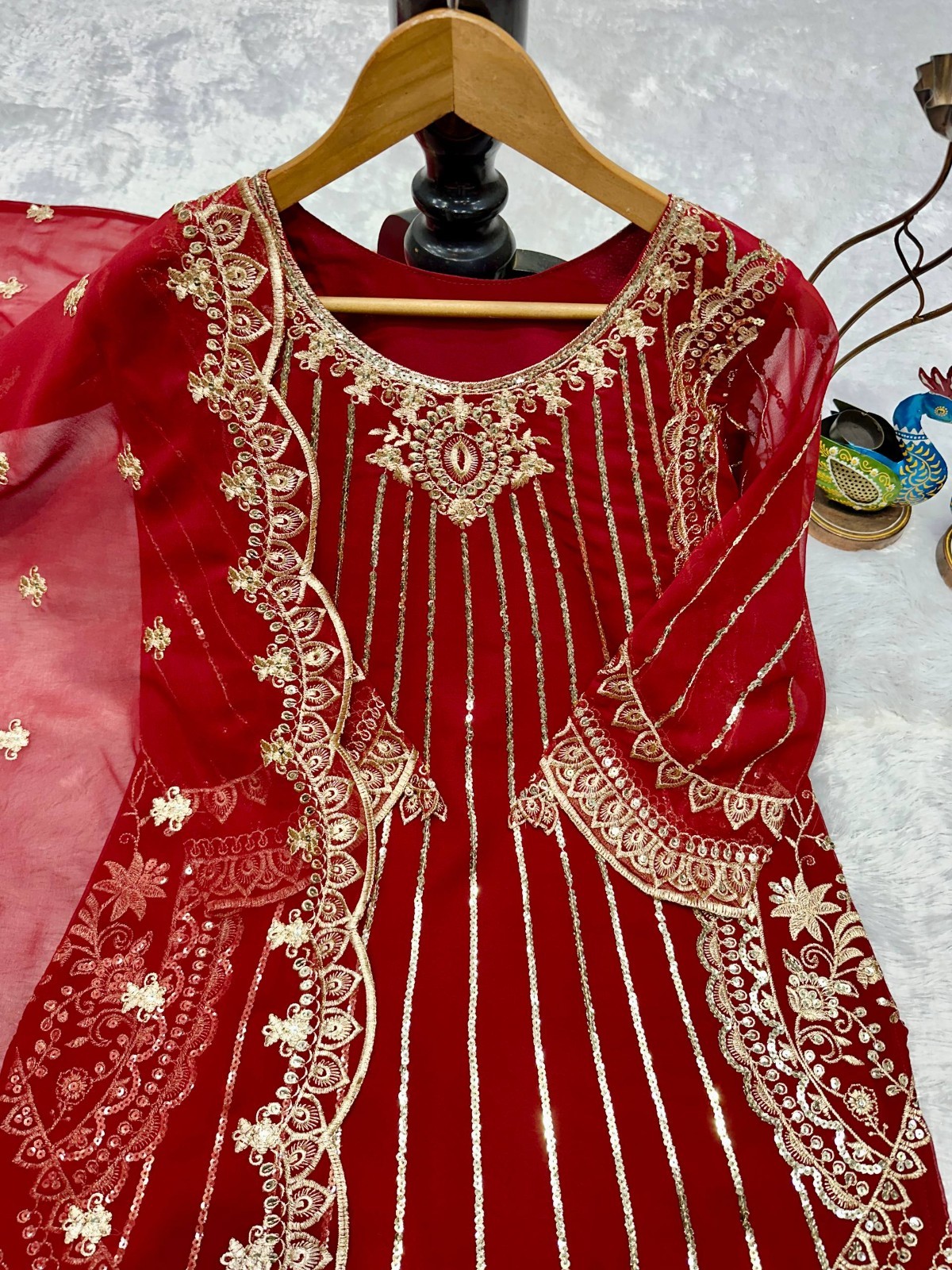 Fancy Designer Red Faux Georgette Kurta Palazzo With Dupatta For Wedding Wear