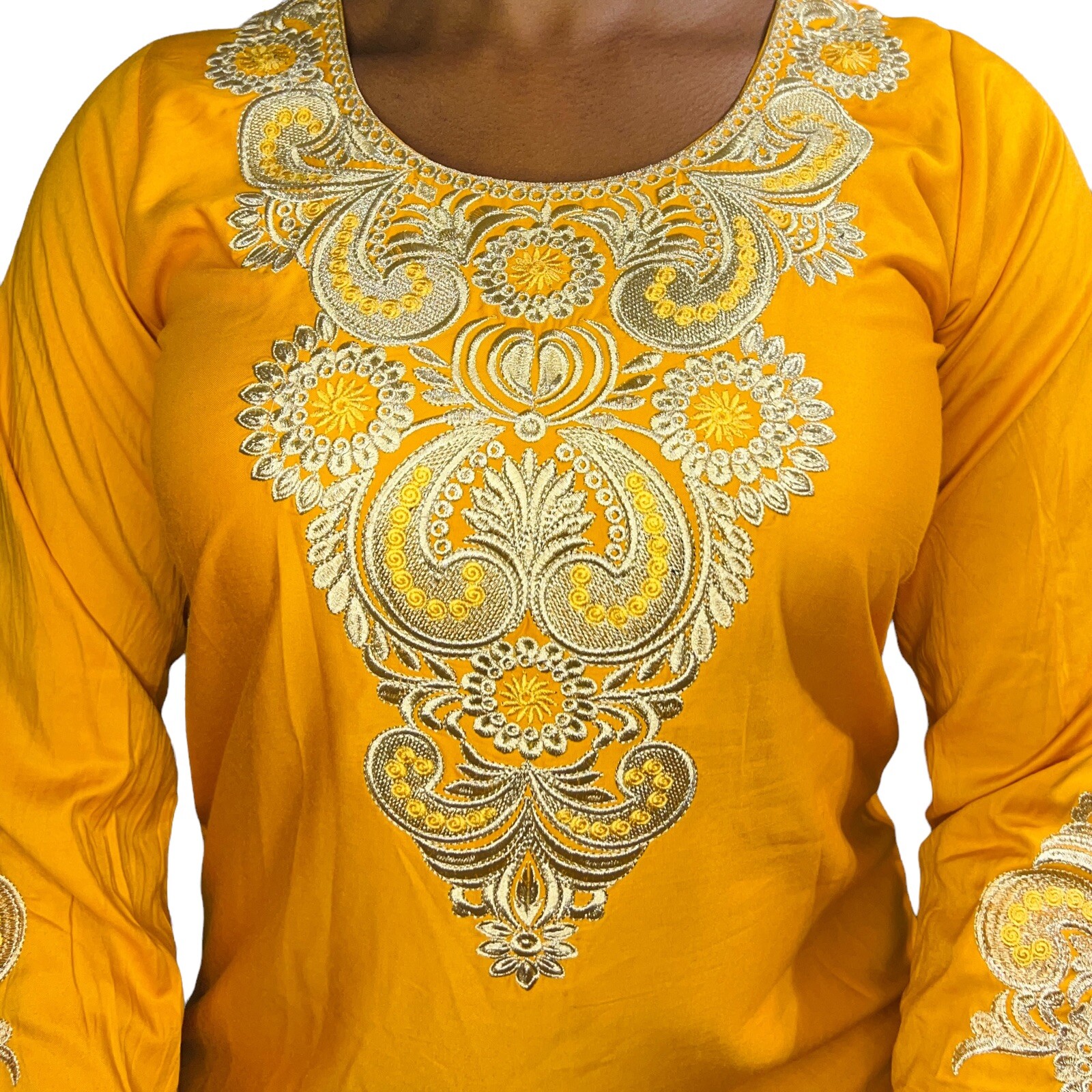 2 Piece Burnt Orange African Caftan with Gold Embroidery and Matching Head Scarf