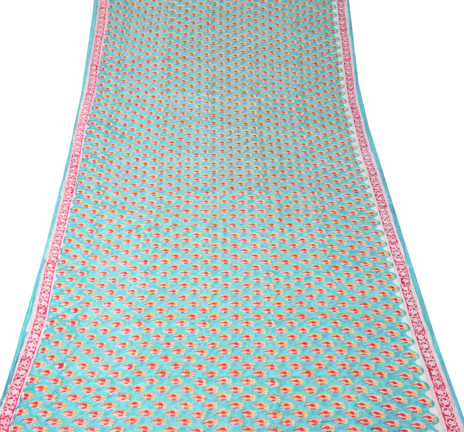 Sushila Vintage Hand Block Saree Pure Cotton Printed Aqua Blue Soft Craft Fabric