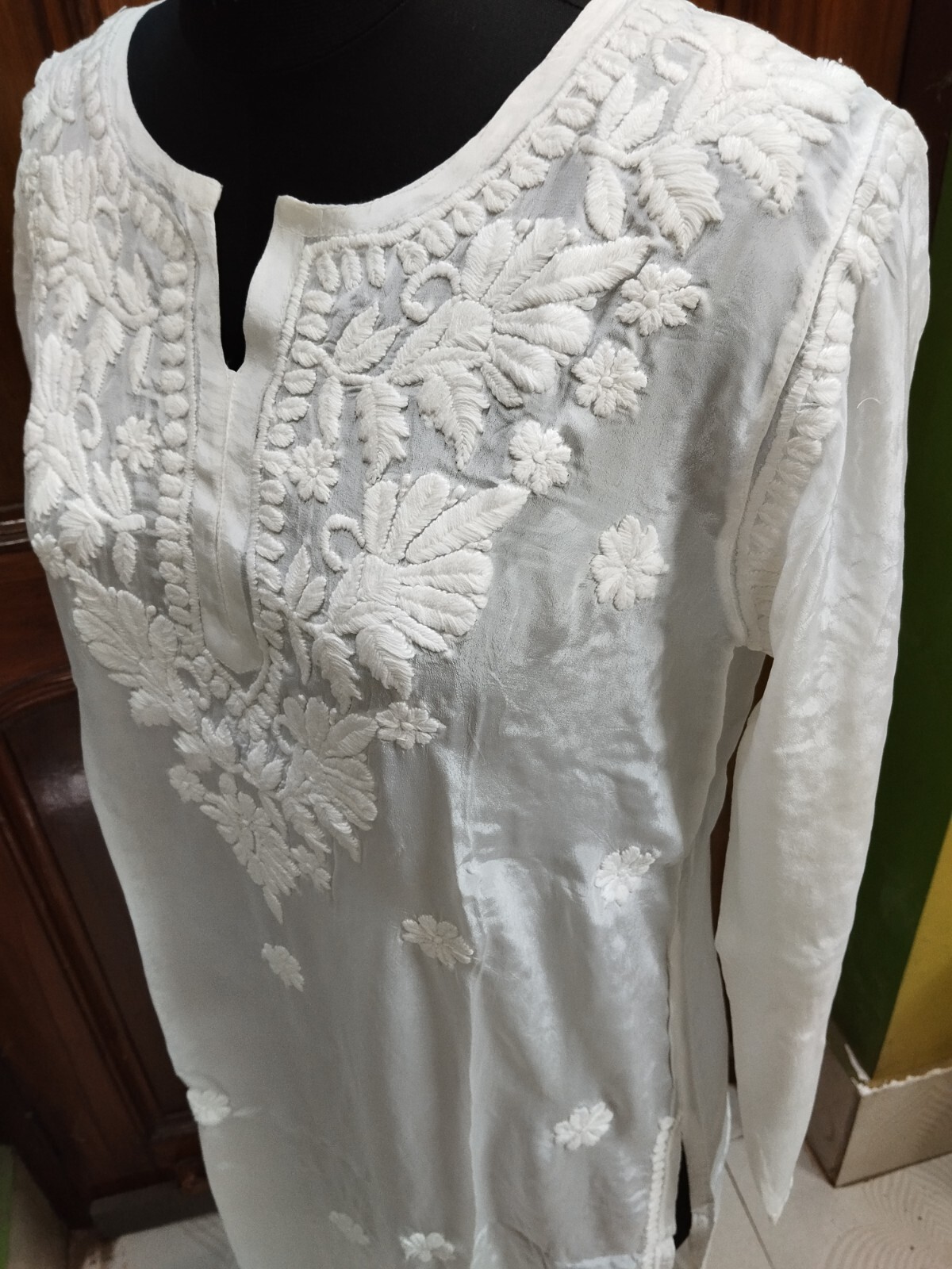 LONG PURE CREPE 3D CHIKAN EMBROIDERY S M L XL 2XL HANDMADE ETHNIC KURTA KURTI