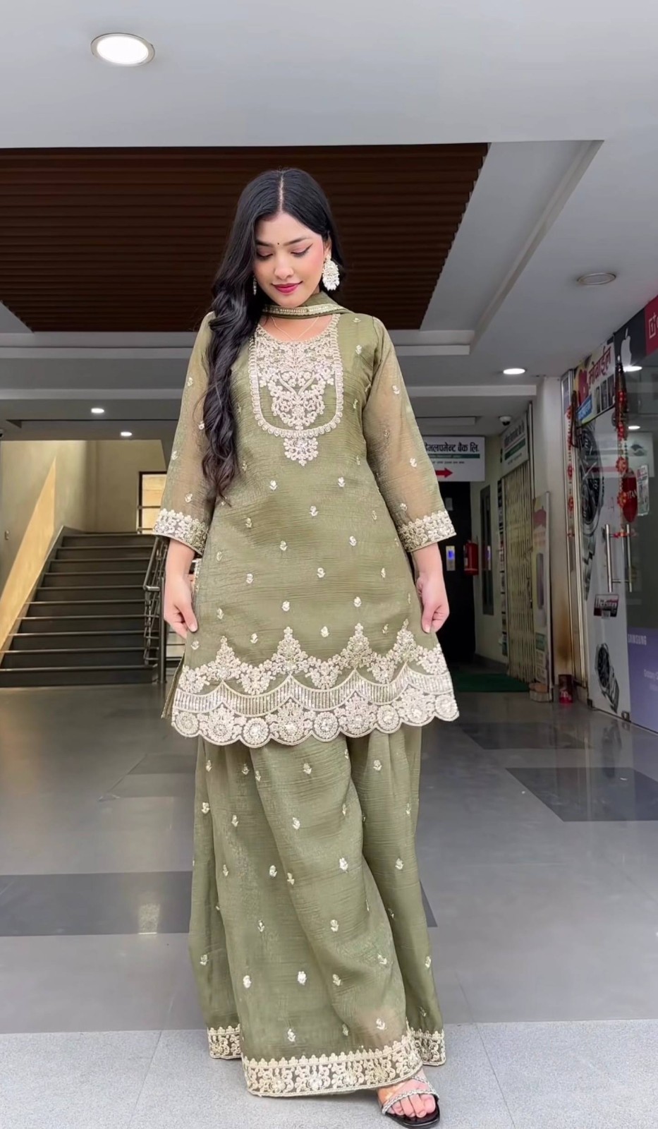 New Crunchy Silk Sage Green Palazzo Suit With Dupatta For Indian Party Wear