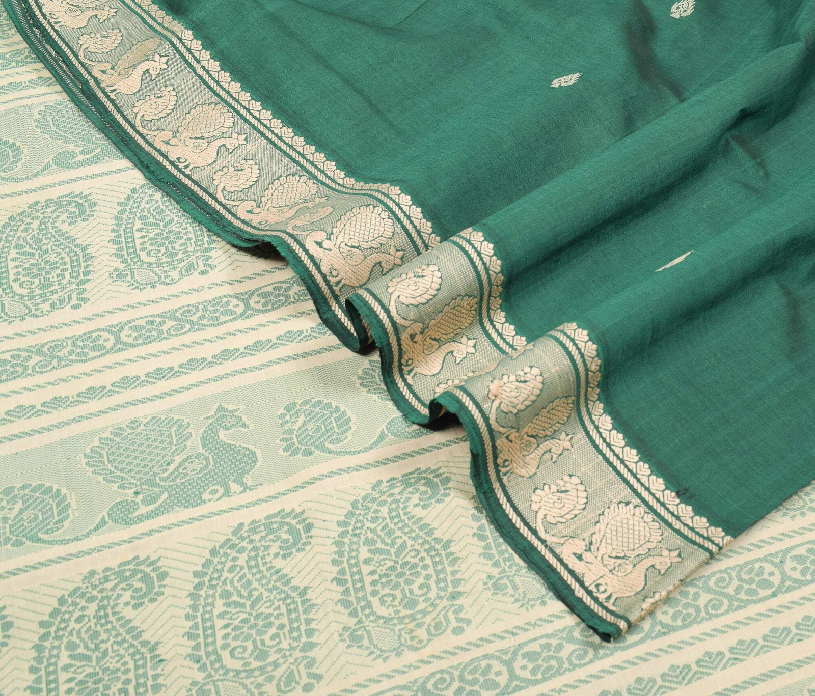 Sushila Vintage Dark Green Saree Pure Cotton Peacock Woven Sari Craft Fabric