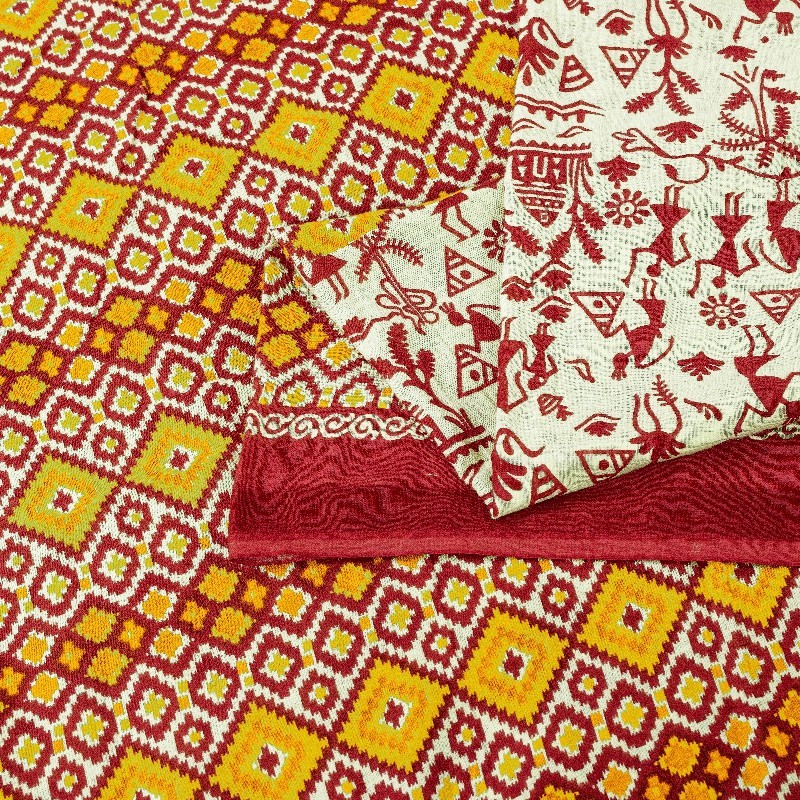 Sanskriti Vintage Saree Soft Red-Cream WarliArt Pure Cotton Geometric Print 5+Yd