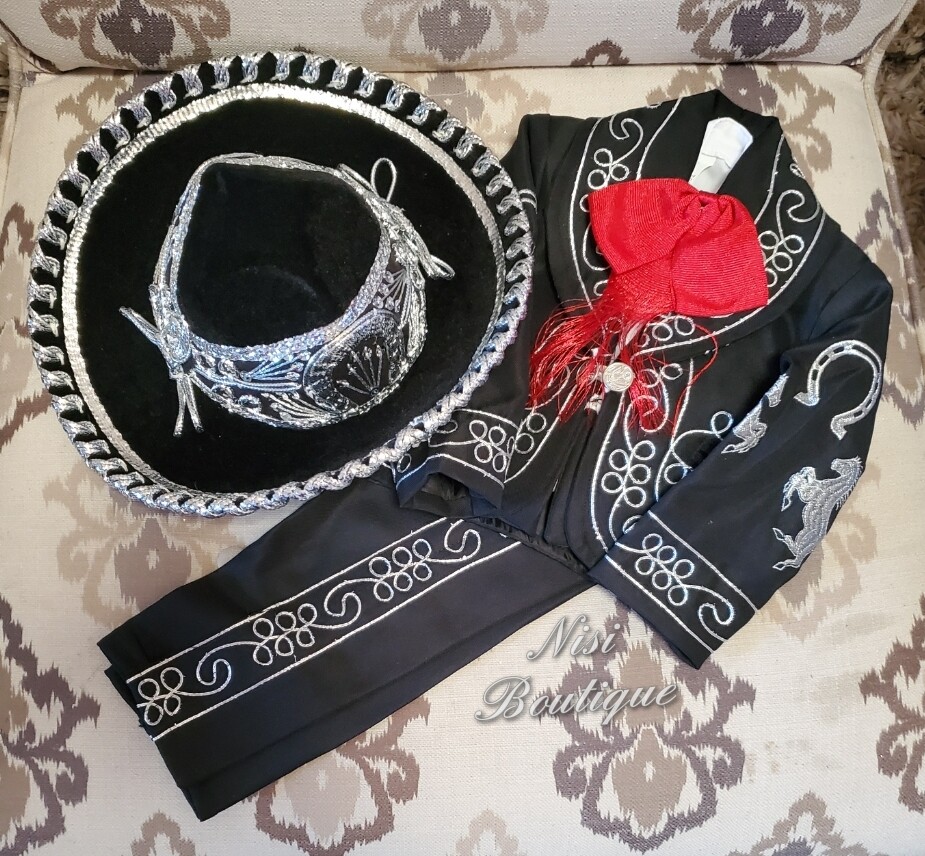 Free Shipping!! Beautiful 6 Pieces Boy Charro Suit, Black Charro Suit