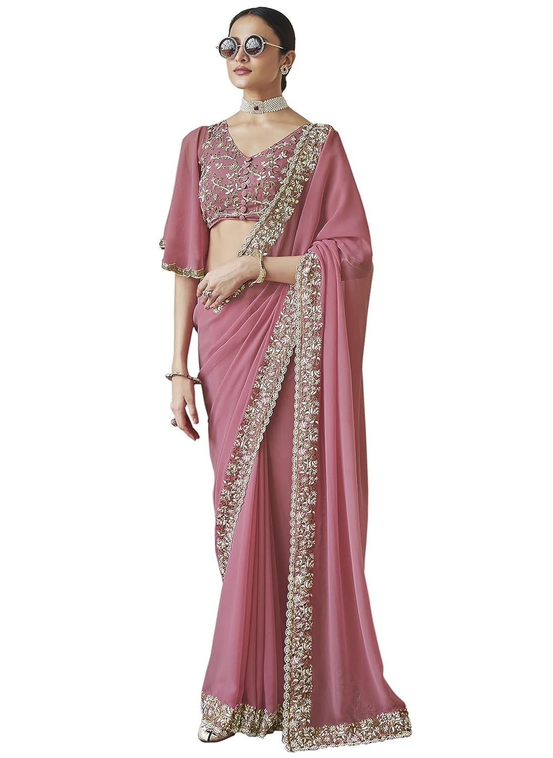 Georgette Embroidery Sequin Work Saree with Unstitch Blouse Piece