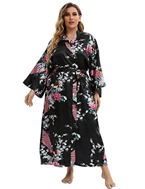 Women’s Floral Long Satin Robes Plus Size XX-Large-3X-Large Peacock | Black
