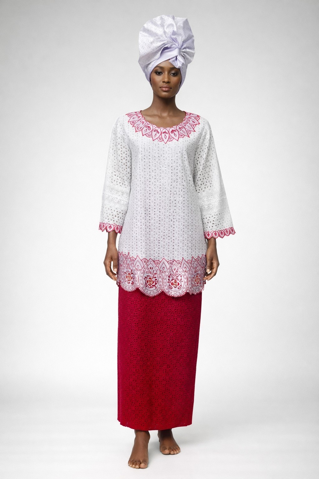 Traditional African Women’s Kaftan White Red Lace Skirt Set with Headwrap