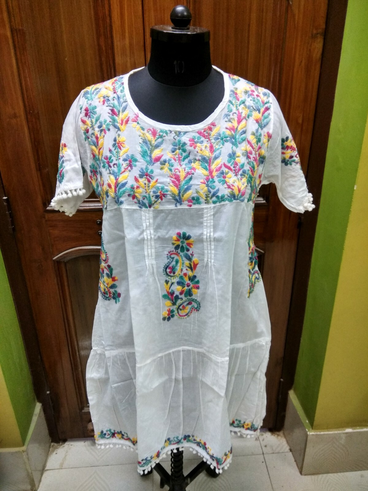 KURTA KURTI S 38″ TUNIC 100% MALMAL COTTON TOP ETHNIC HANDMADE CHIKAN EMBROIDERY