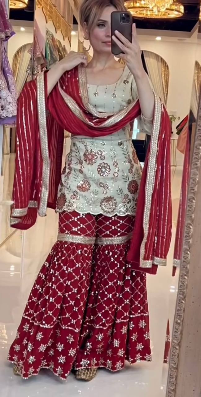 Beautiful Chinon Silk White Kurta Palazzo With Dupatta For Functional