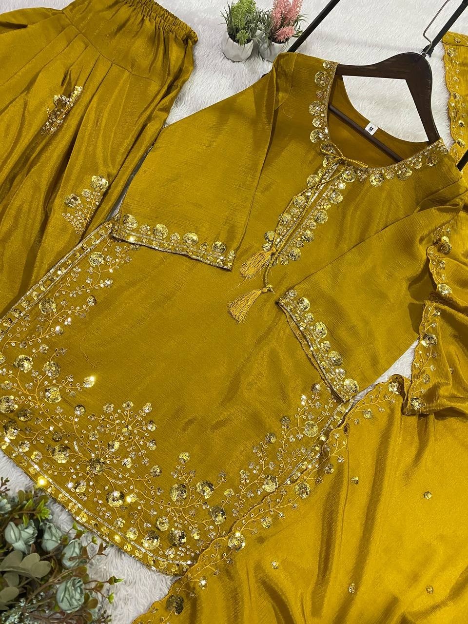 Latest Beautiful Chinon Silk Yellow Salwar Kameez With Dupatta For Festival Wear