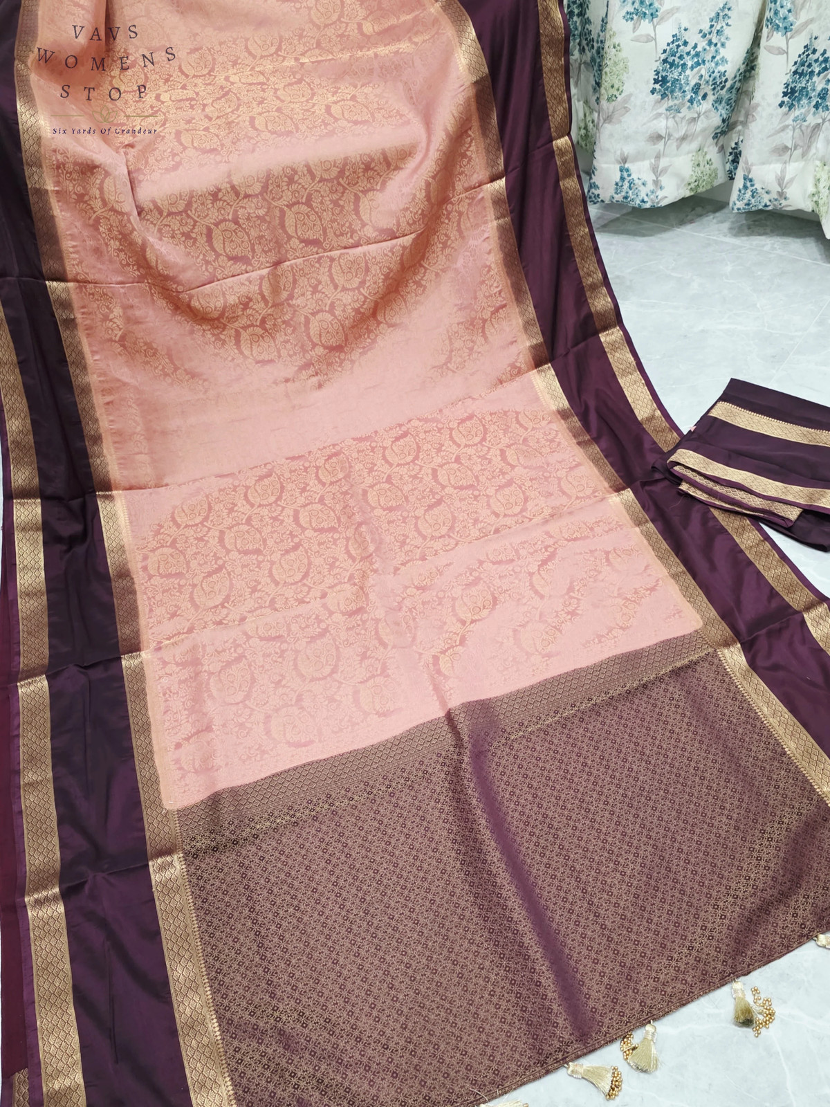 Blush Peach Aubergine Purple Semi Mysore Crepe Silk Saree Gold Zari Border