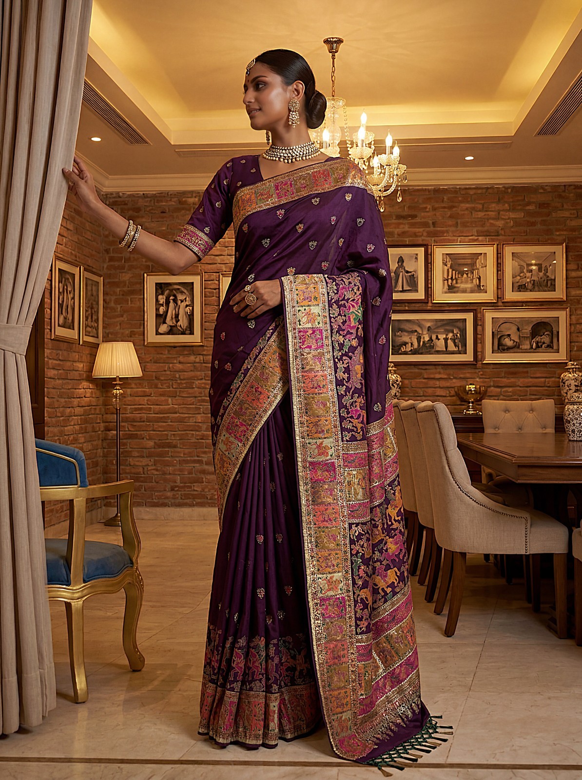 Designer Pashmina Silk Saree Wedding Haldi Mehndi Festival Saree
