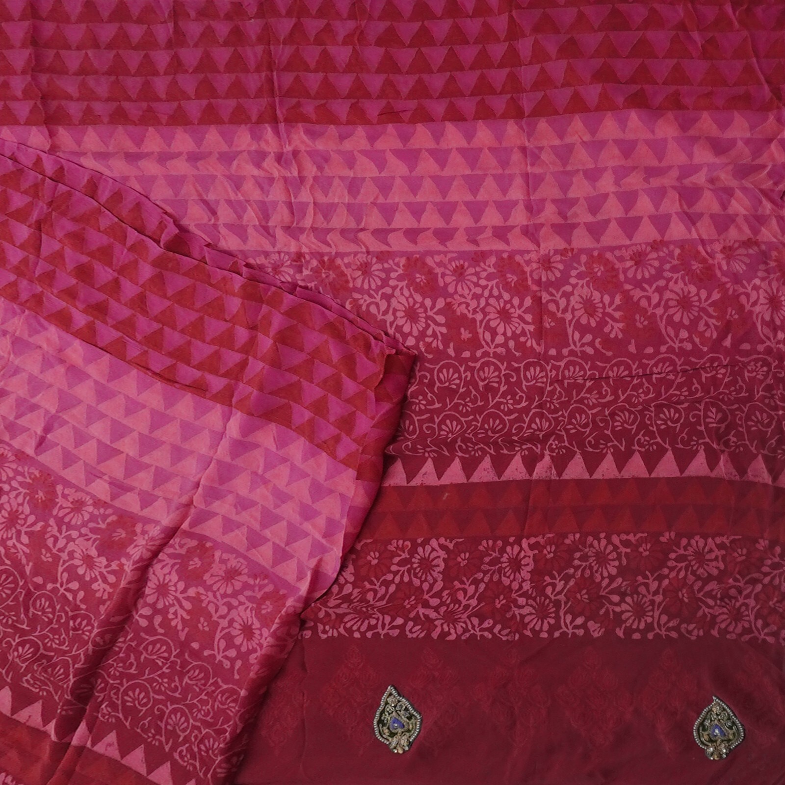 Vintage Purple Sarees 100% Pure Silk Georgette Printed Sari 5YD Craft Fabric