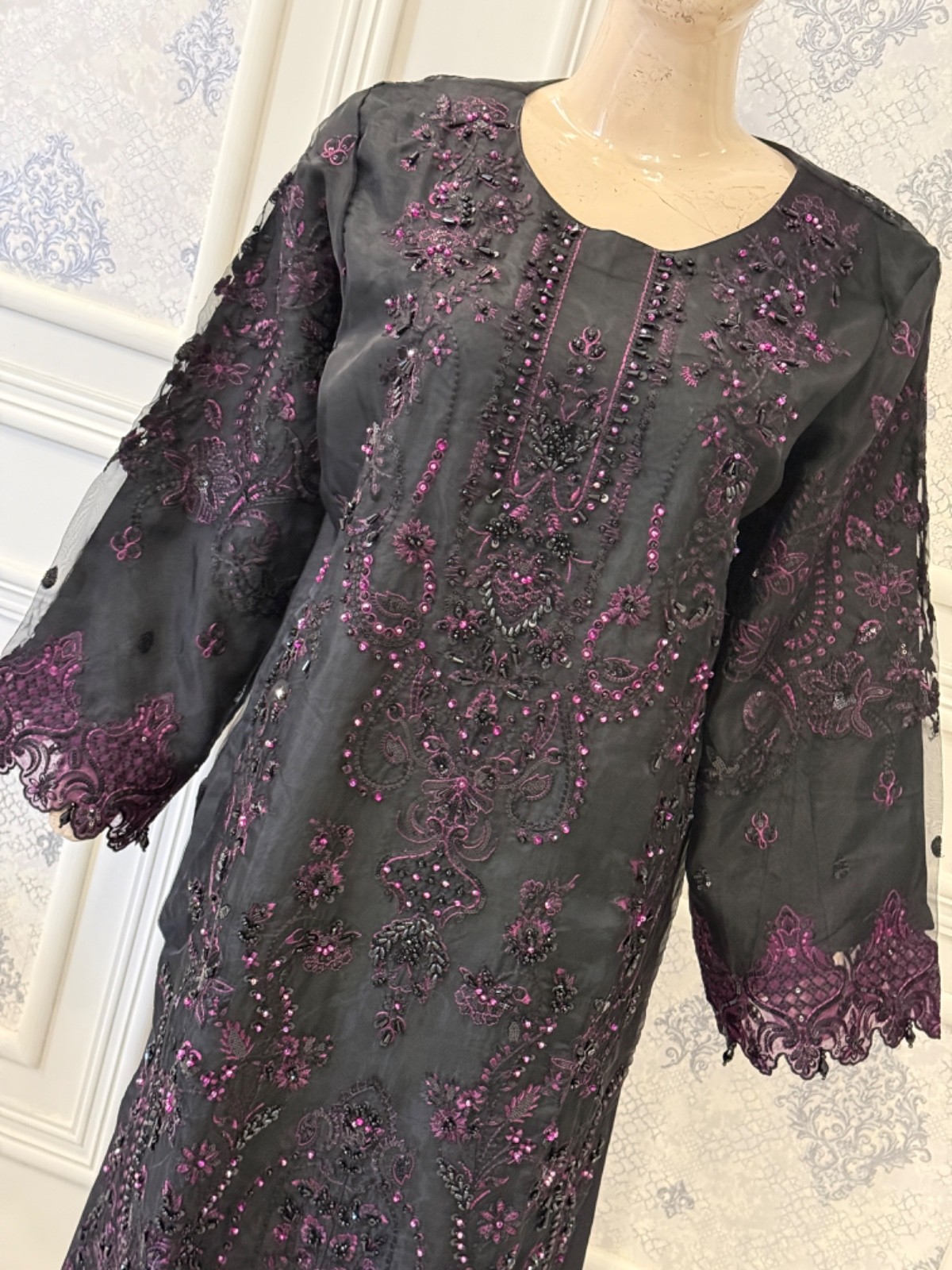 Pakistani Black Straight Style Embroidered Sequins Organza Dress ,M