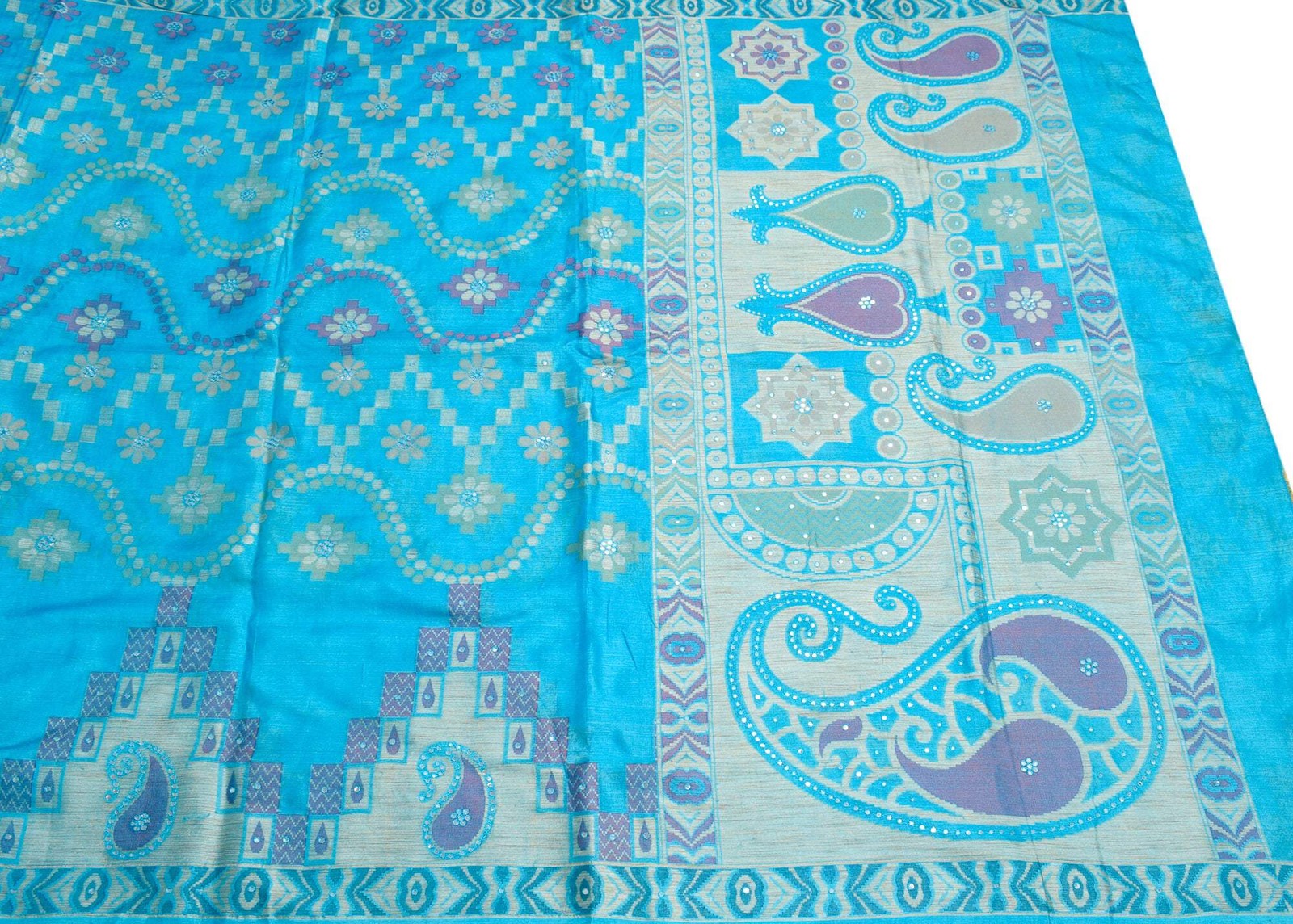Sushila Vintage Turquoise Blue Saree Woven Mirror Work Pure Tussar Sari Craft Fa