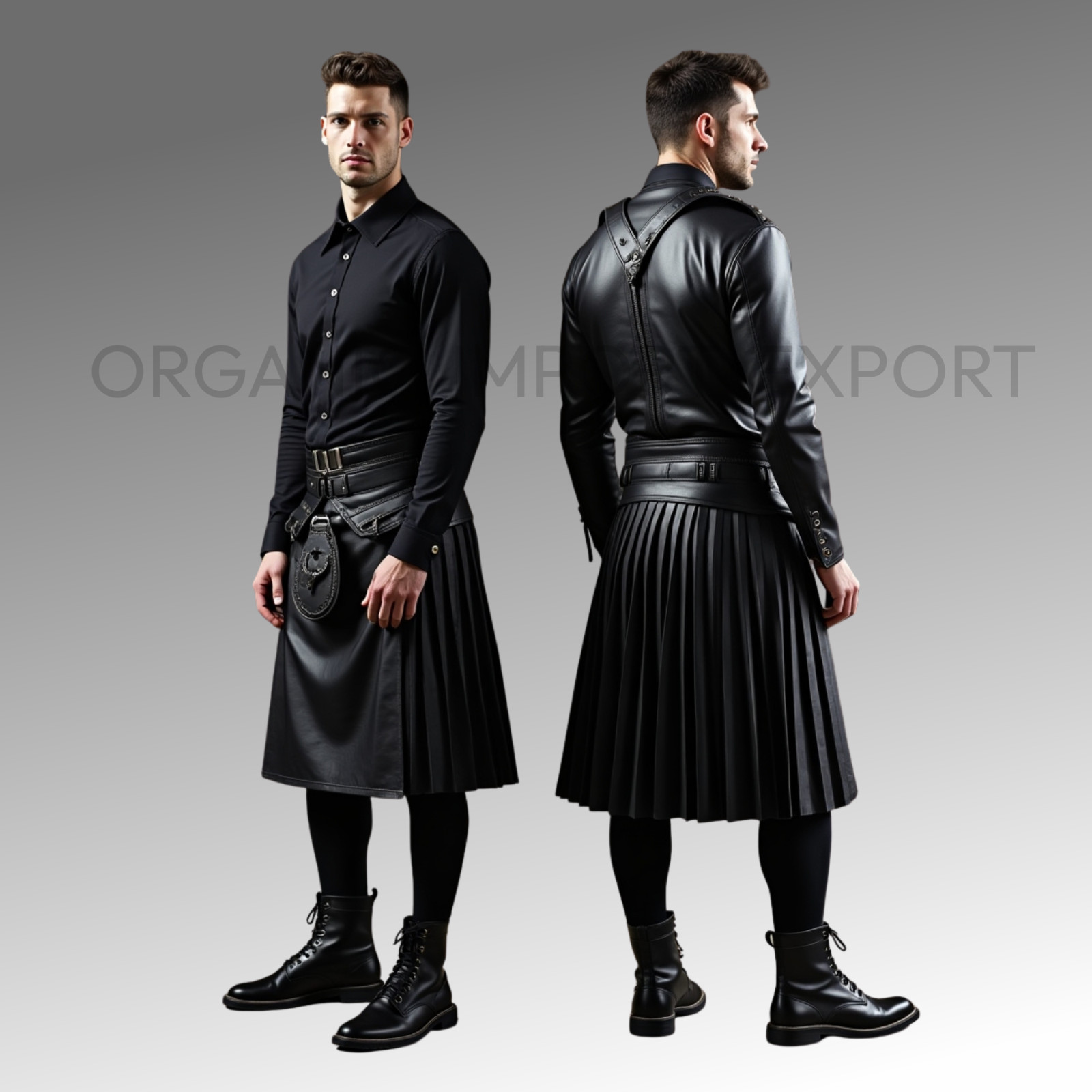 Men’s Black Leather Utility Kilt with Pleats – Gothic Punk Streetwear Style
