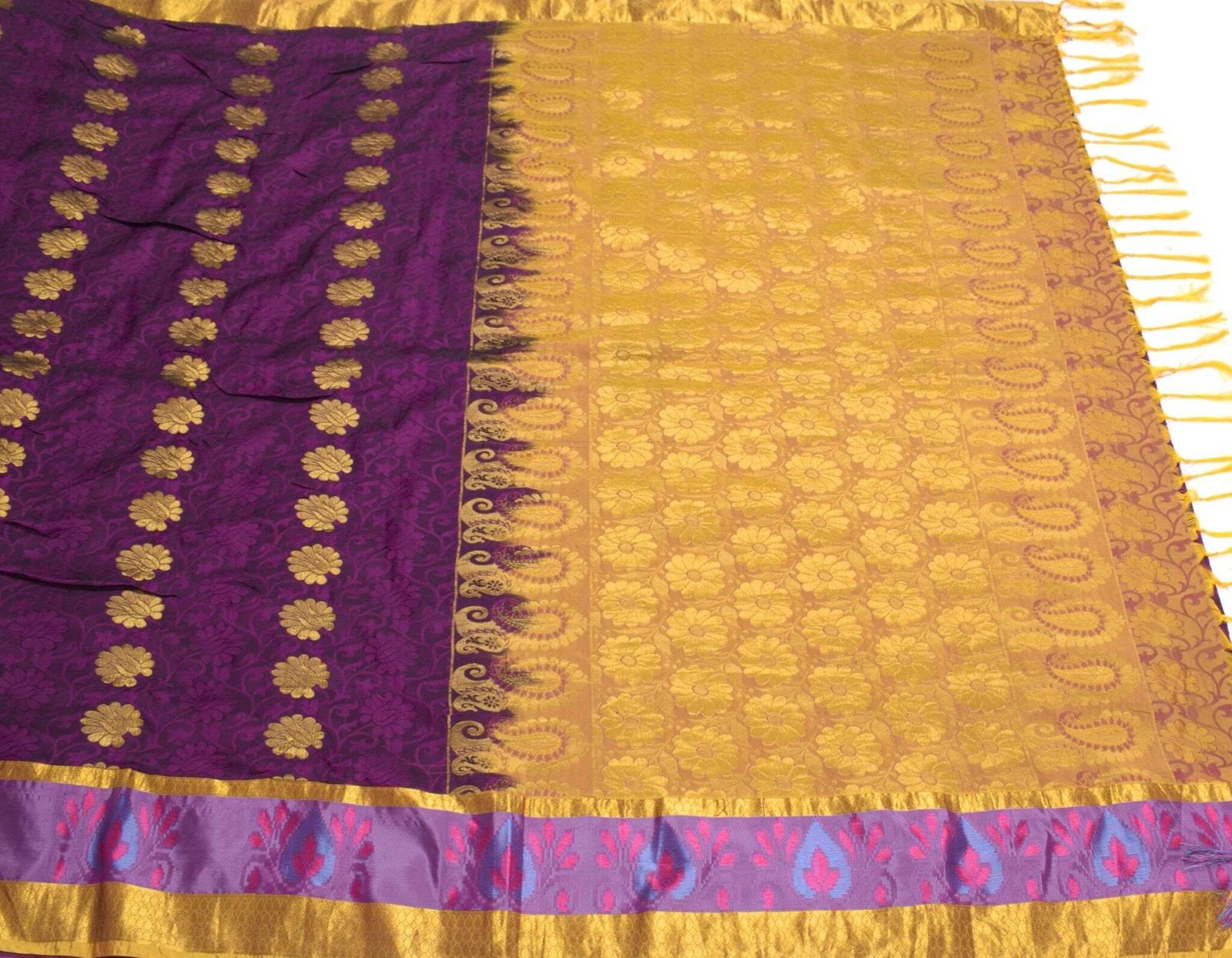 Sushila Vintage Purple Gold Jacquard Banarasi or Kanjivaram Art Silk Sari Fabric