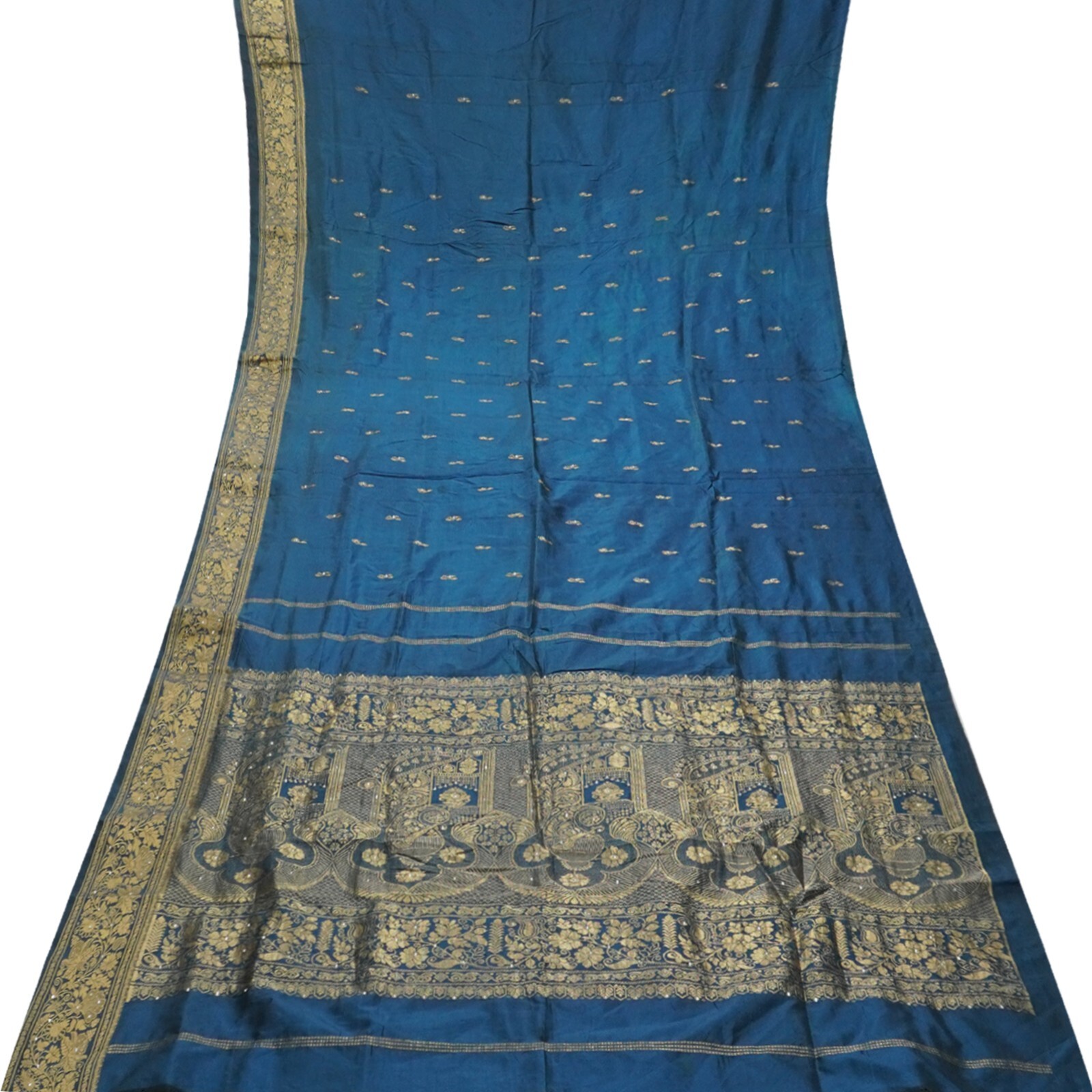 Vintage Peacock Blue Sarees 100% Pure Silk Zari Handwoven Sari 5YD Craft Fabric